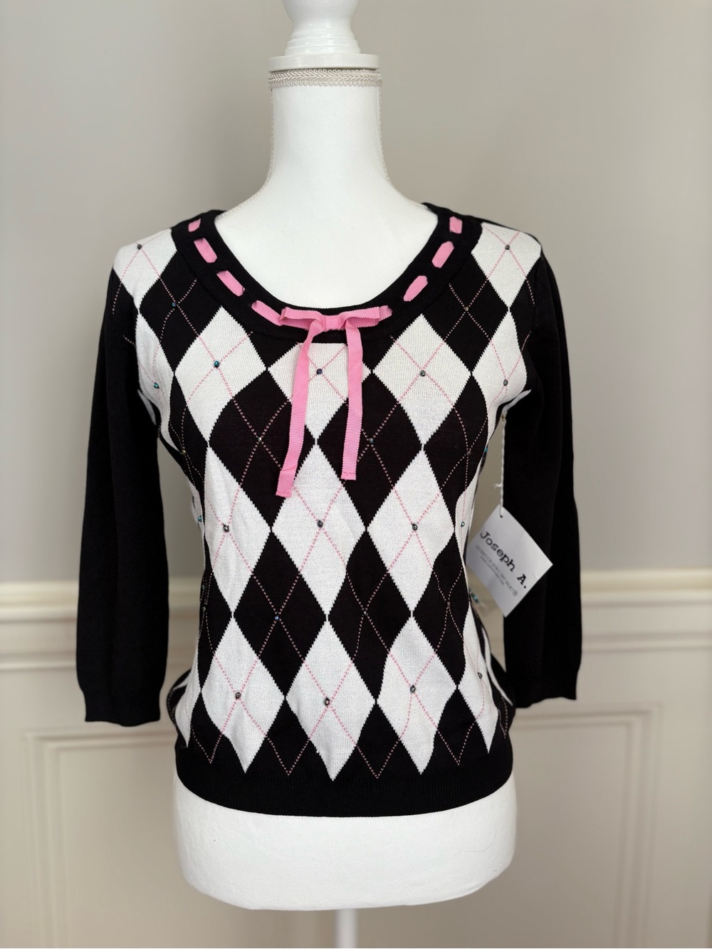 NWT “Vintage” Joseph A., Argyle Knit 3/4 Sleeve Top
